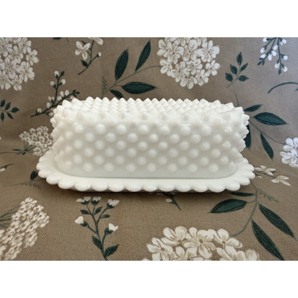 Vintage Fenton Hobnail Milk Glass Covered Butter Dish With Scalloped Edge